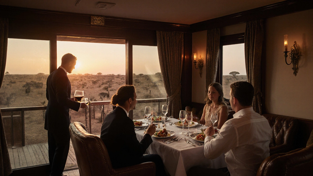 A couple dines in a lavish train suite with fine china and silverware, the African wilderness visible through the window.