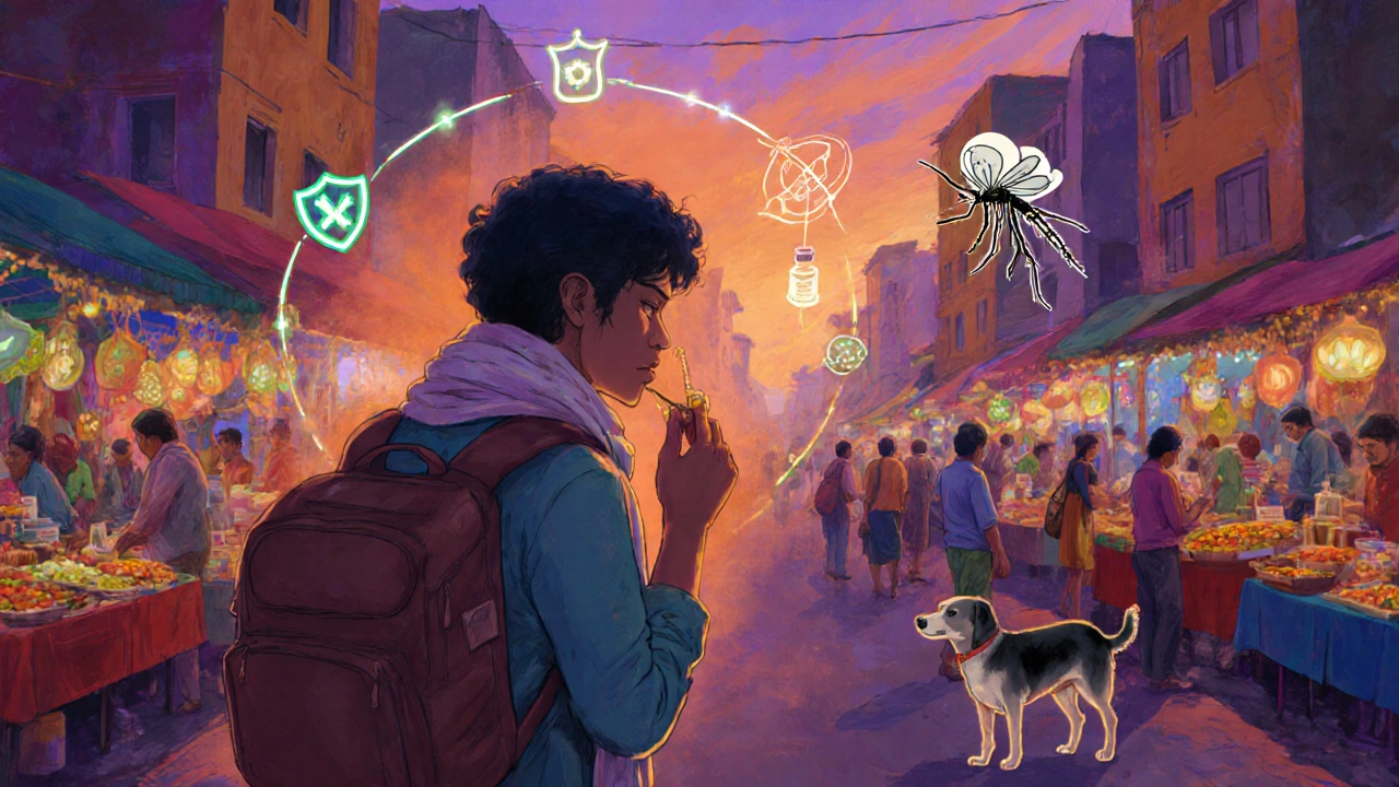 Adventure traveler tasting street food in an Indian market, protected by subtle vaccine symbols.
