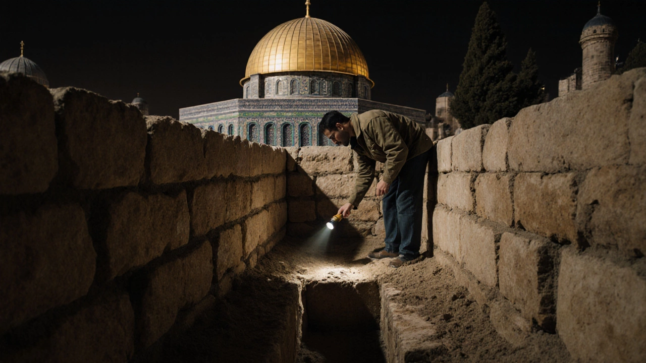 Archaeological trench on Jerusalem's Temple Mount revealing stone foundations and a niche.