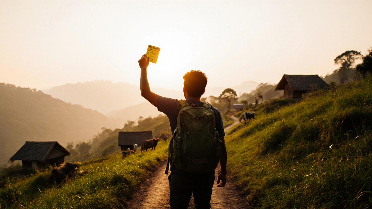 Backpacker in Indian countryside holding vaccination card, misty hills at sunset.