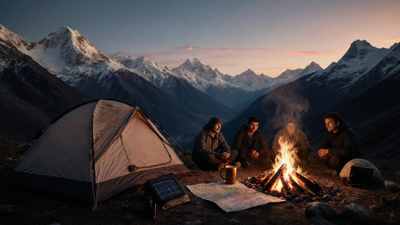 Camp at sunset on a high plateau with trekkers gathered around a fire near distant peaks.