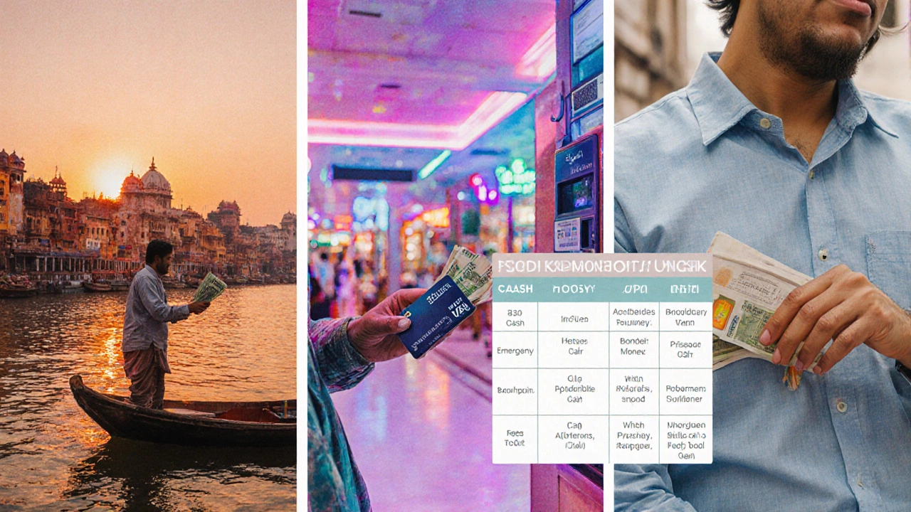 Collage showing cash payment on Varanasi ghats, card payment in Jaipur mall, and hidden money belt.
