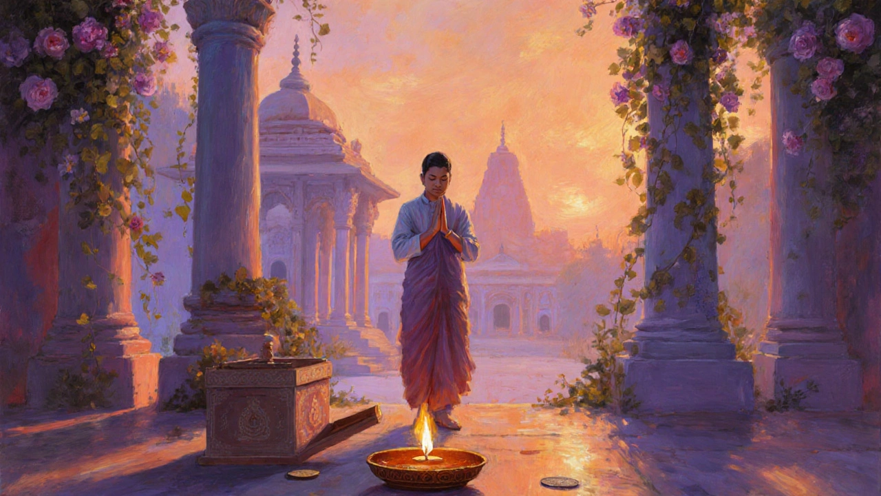 Courtyard at dusk with visitor bowing, offering a coin, and a lit aarti lamp.