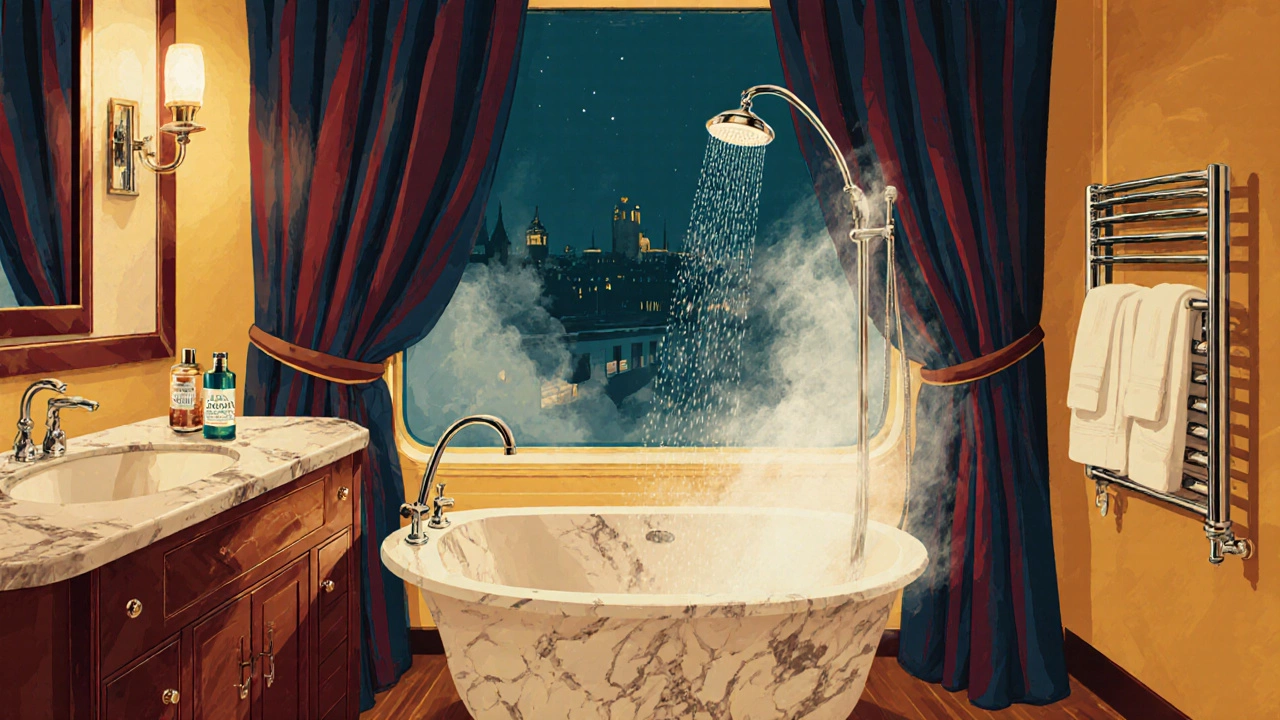 Deluxe suite bathroom with marble tub, rain shower, and warm golden light.