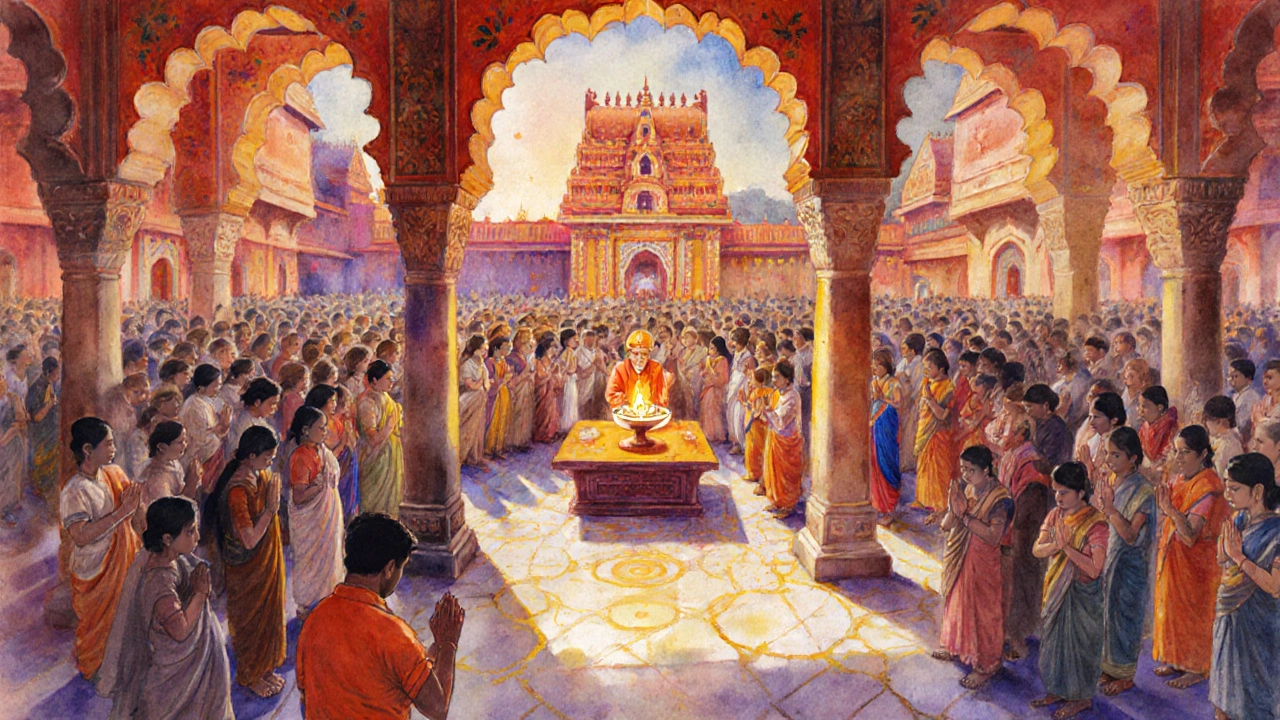 Devotees perform Aarti in a temple courtyard, visitor bows in Namaste.