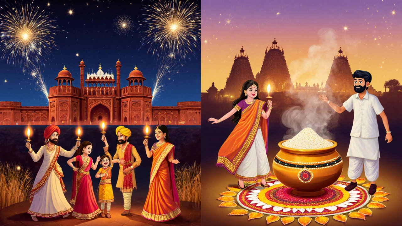 Festive left side Diwali in Delhi, right side Pongal in Tamil Nadu with traditional clothing and landmarks.