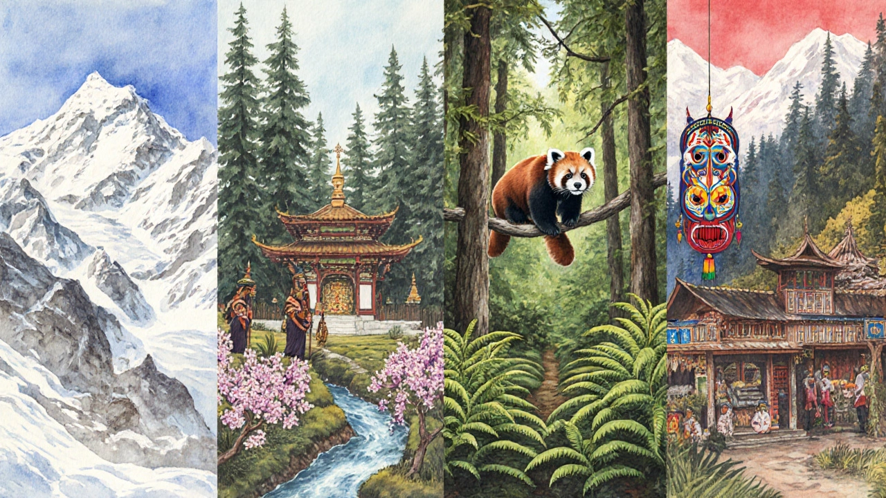 Four watercolor sections showing alpine, sub‑alpine, temperate, and subtropical landscapes of the trail.