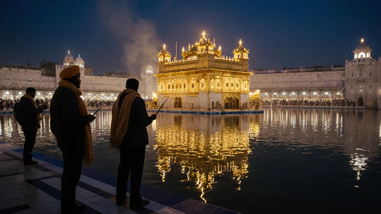 Golden Temple at night reflected in water, illuminated by lamps.