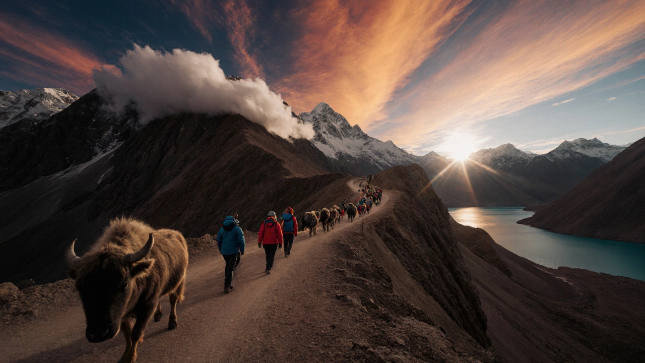 Group of hikers crossing a high Ladakh pass with mountains, yak caravan, and distant lake.