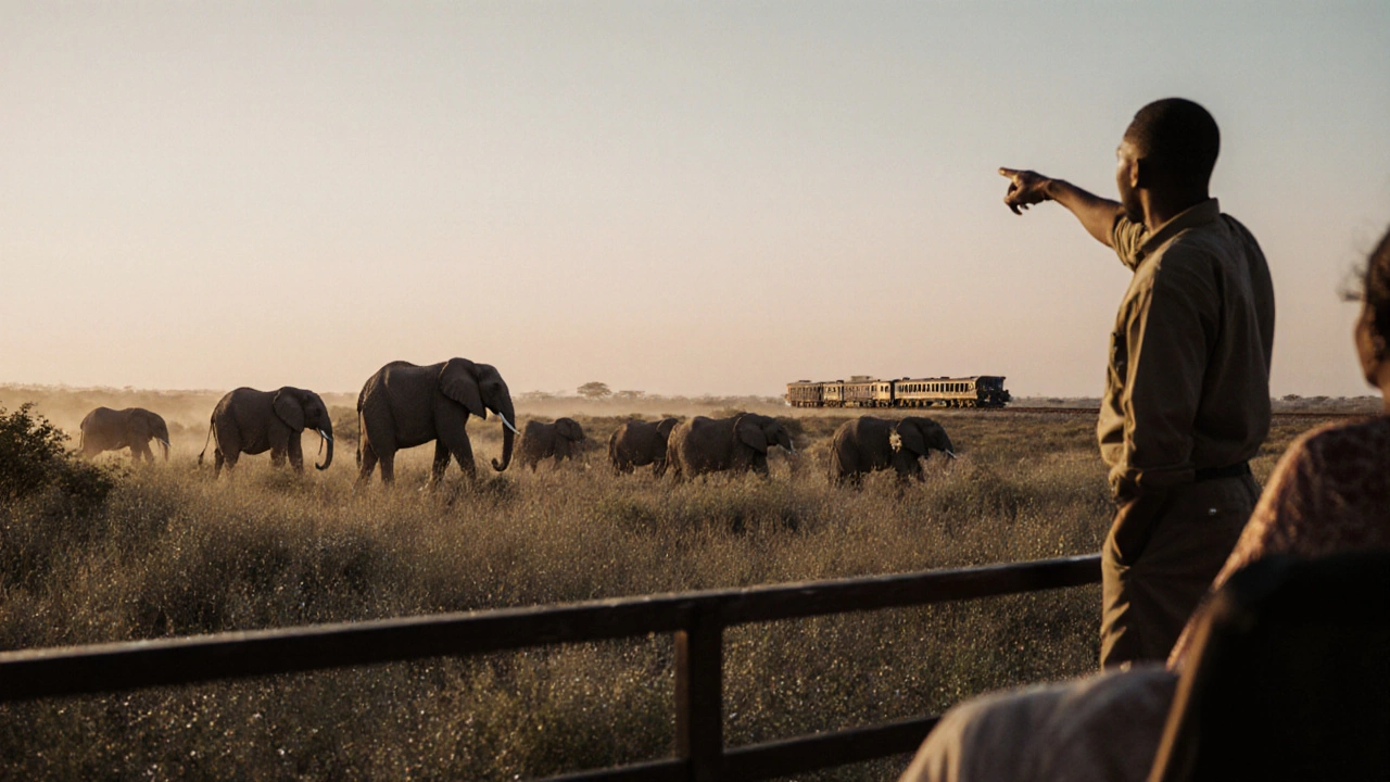 Guests observe elephants at dawn from a private viewing platform near the train tracks in the African bush.