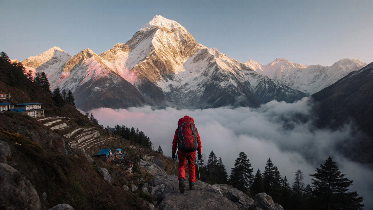 Hiker crossing Thorong La Pass on the Annapurna Circuit at sunrise.