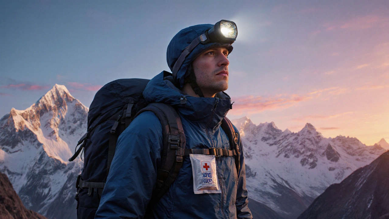 Hiker in the Himalayas holding ORS sachet and medical kit, overlooking sunrise mountains.