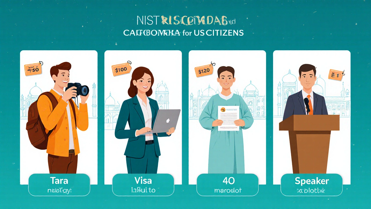 Illustration of tourist, business, medical, and conference e‑Visa types with fee labels.