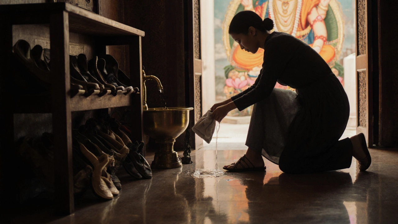 Inside temple entrance showing shoe rack, water basin, and traveler removing shoes.
