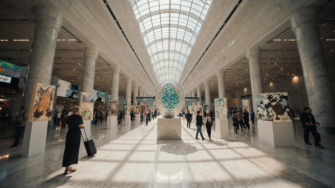 Interior art walk with sunlight through glass roof, marble floor, and the Pearl of the Gulf sculpture.