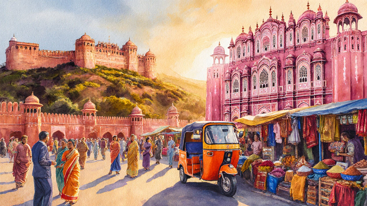 Jaipur pink city scene with Amber Fort, Hawa Mahal, market and auto‑rickshaw.