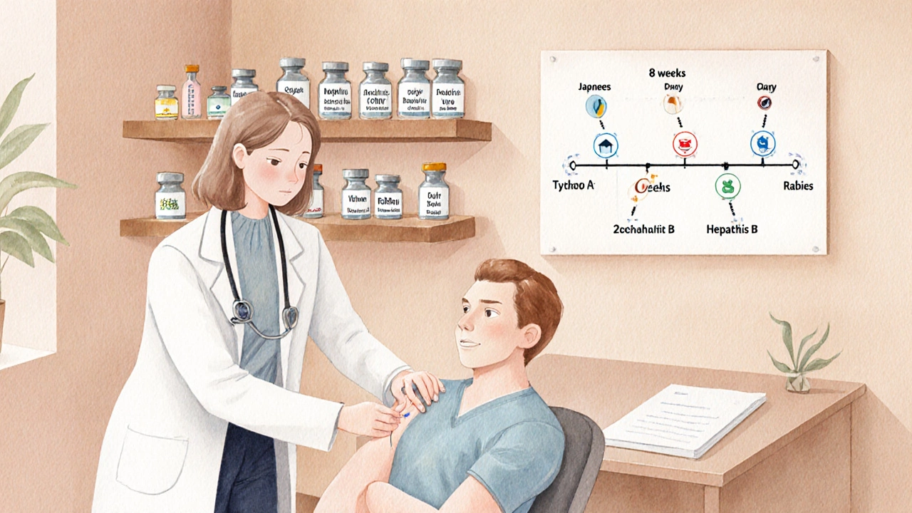 Medical professional giving a vaccine in a travel clinic surrounded by labeled vials.