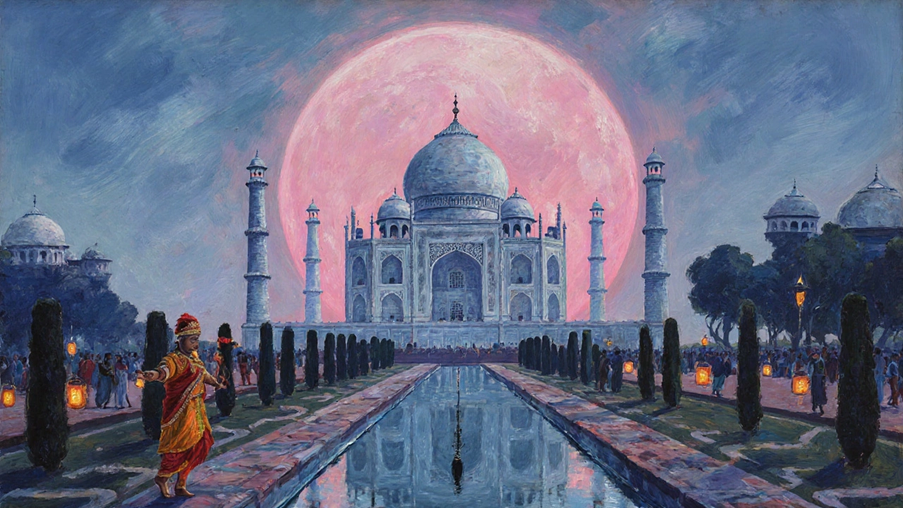 Moonlit Taj Mahal with festive lanterns and dancers.