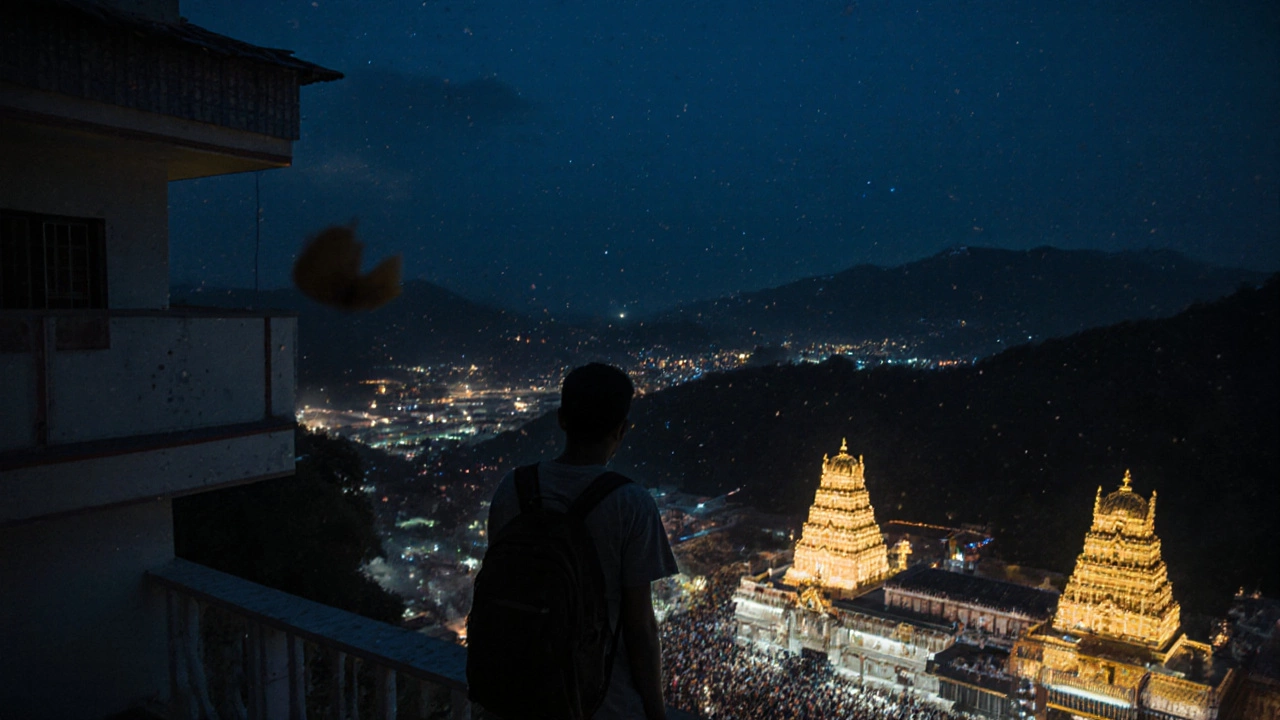 Night aerial view of lit Tirumala Temple with a traveler looking on.
