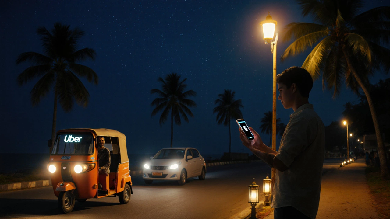 Night street in Goa with traveler, Uber car, and auto‑rickshaw under a streetlamp.