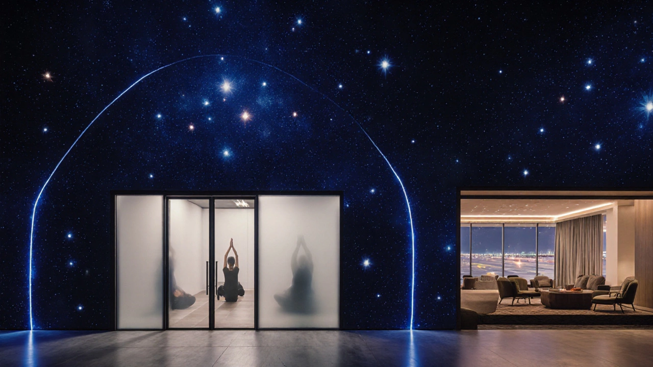 Nighttime light tunnel with LED desert‑sky patterns, yoga studio entrance, and lounge view of runway.