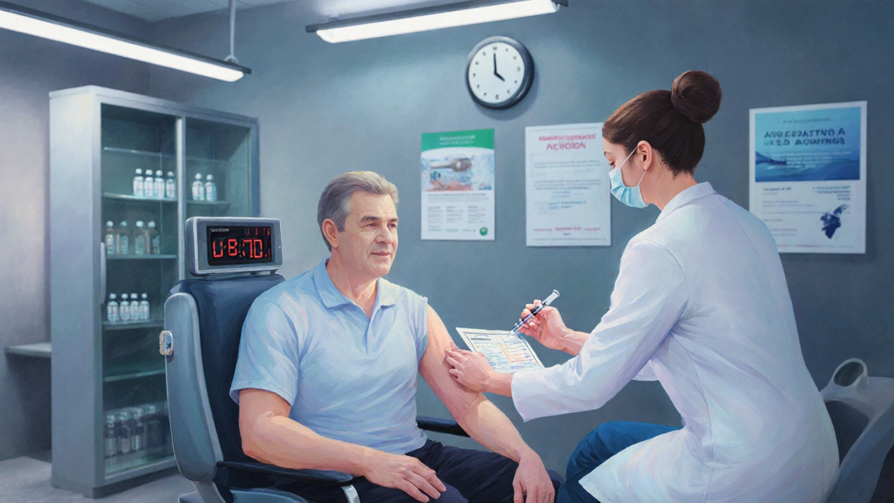 Nurse giving Hepatitis A shot to adult patient in modern travel clinic, vaccination card visible.