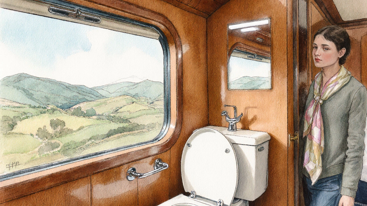 Pullman cabin interior showing compact pull‑out toilet and window view.