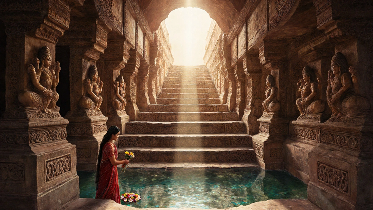 Rani ki Vav stepwell with detailed carvings and sunlight illuminating the stone stairs.