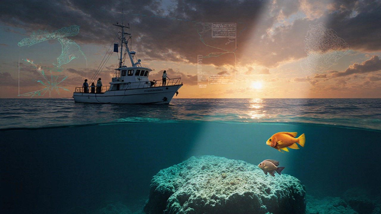 Research vessel and scientists monitoring reefs with satellite overlay and lionfish.