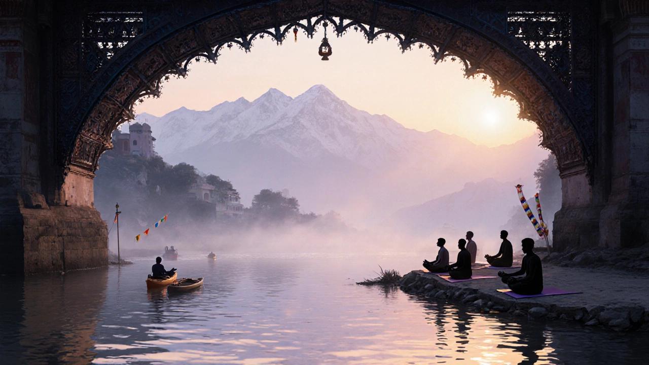 Rishikesh dawn on the Ganges, yoga silhouettes, Laxman Jhula and misty hills.