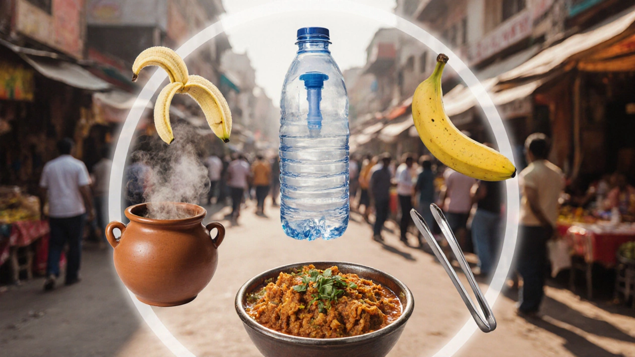 Safe food symbols—sealed water, steaming curry, peeled fruit, and clean utensils—arranged in a protective circle against an Indian city backdrop.