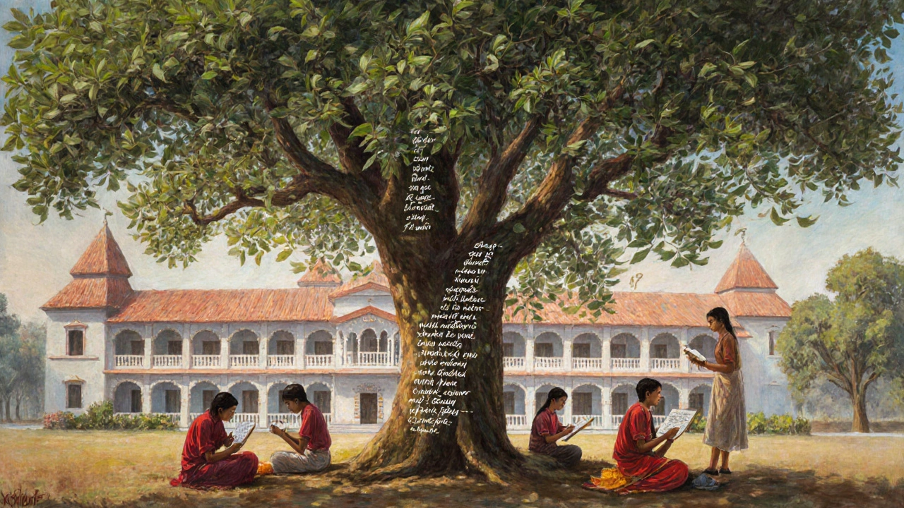 Santiniketan campus under trees with students learning and art blending into nature.