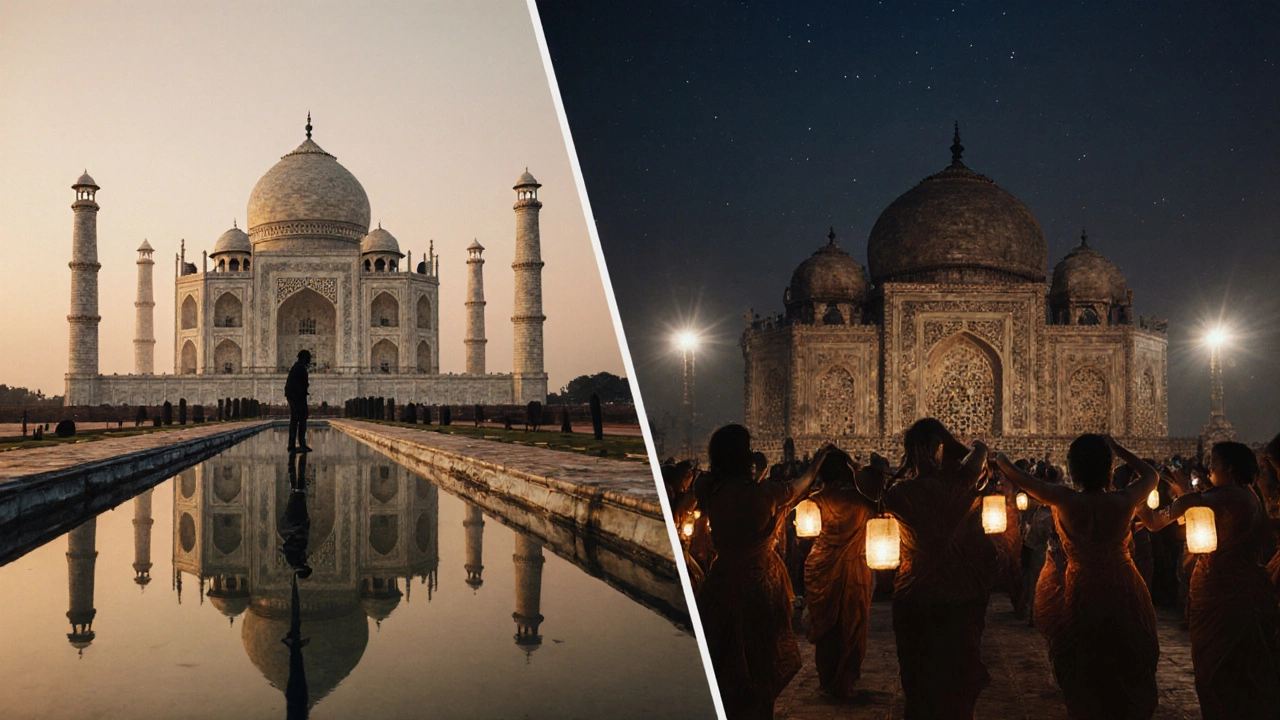 Taj Mahal at dawn beside illuminated Khajuraho temple at twilight with festival lanterns.