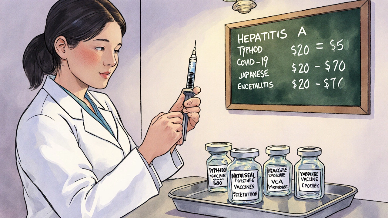 Travel clinic illustration showing nurse preparing vaccine vials and cost list.