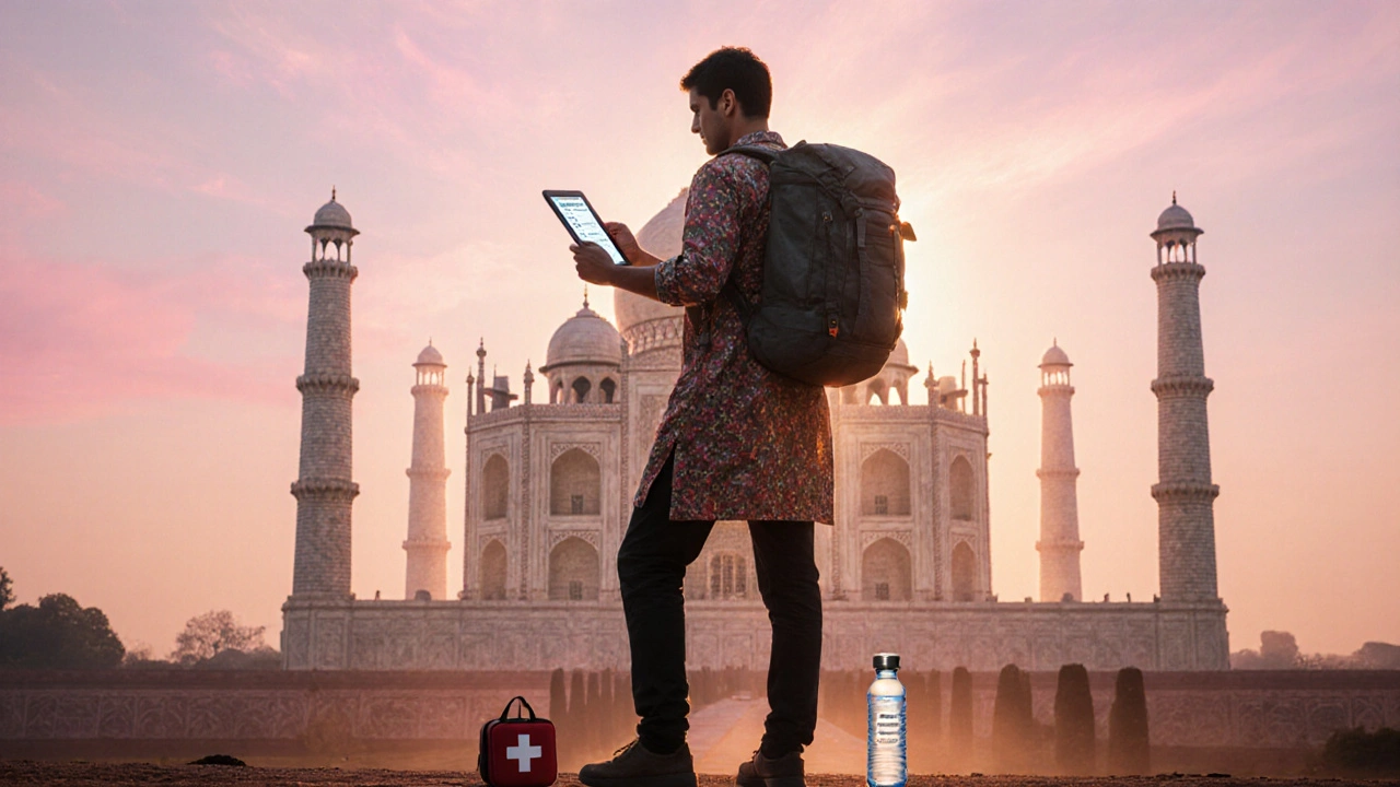 Traveler atop Taj Mahal silhouette holding vaccination certificate and checklist at sunrise.