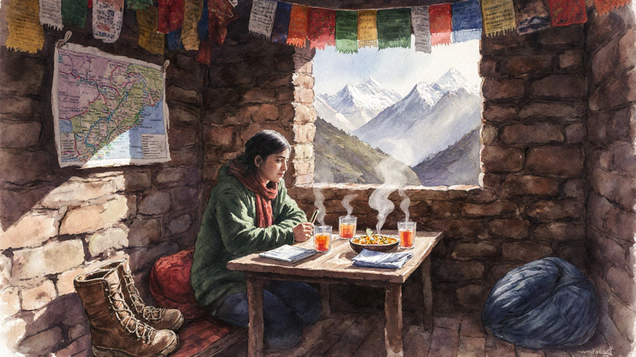 Traveler drinking tea in a Nepali teahouse with trekking gear and map.