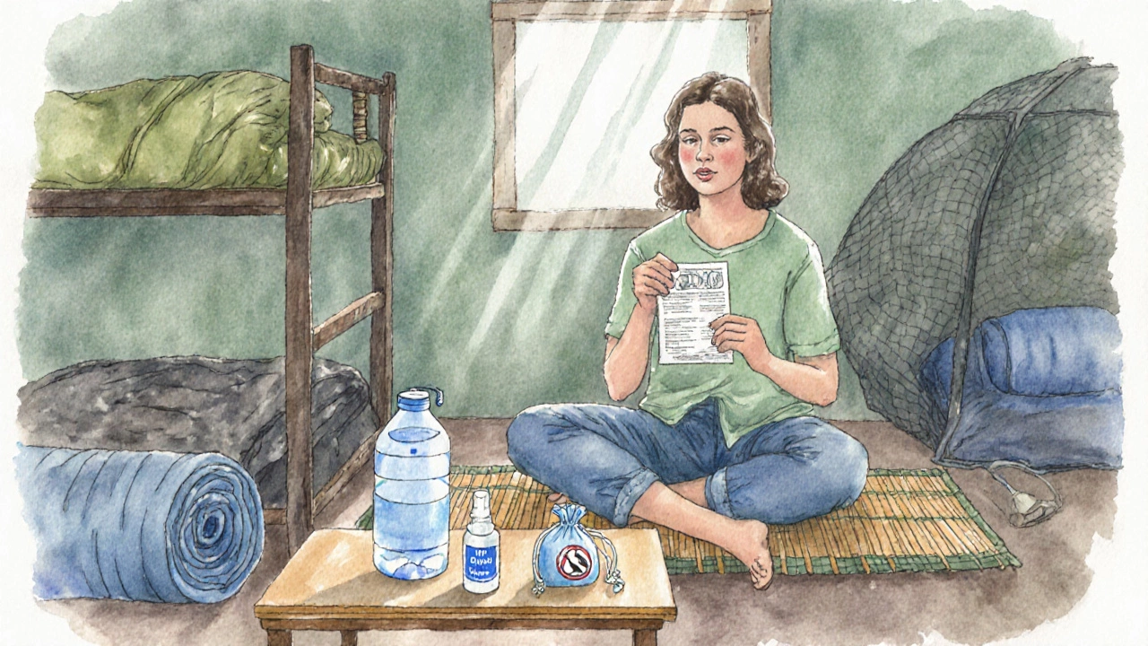 Traveler in a hostel with UV water purifier, mosquito net, and vaccination card on a bamboo mat.
