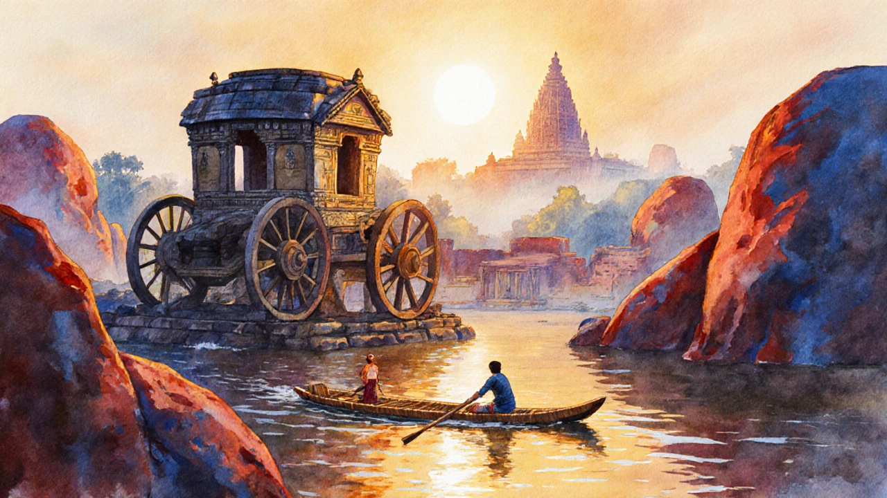 Traveler on a bamboo raft viewing Hampi's stone chariot and boulder landscape during golden hour.