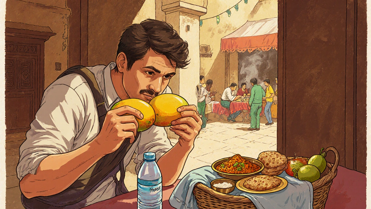 Traveler peeling a mango with bottled water nearby, surrounded by freshly cooked Indian dishes in a sunny courtyard.