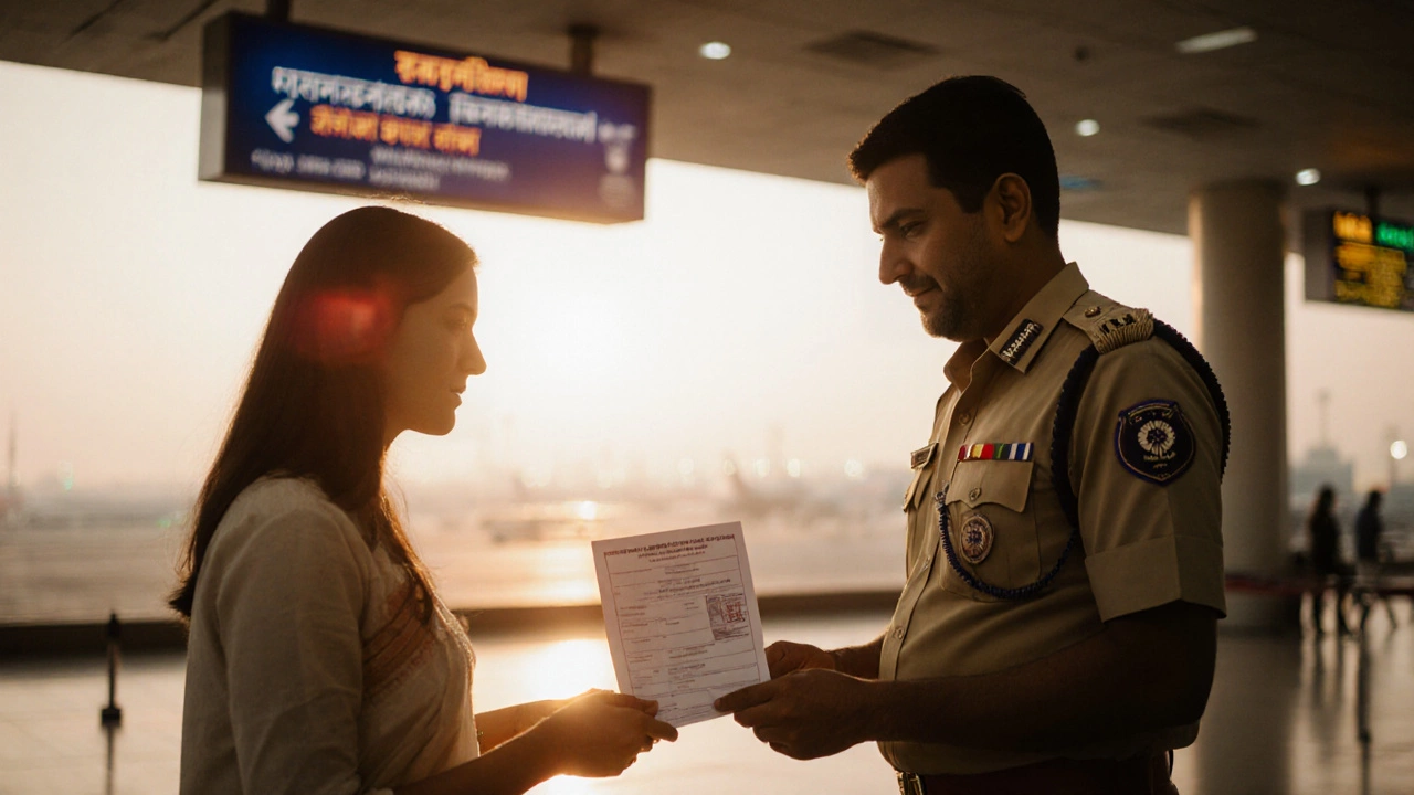 Traveler presents e‑Authorization to airport immigration officer at Delhi airport.