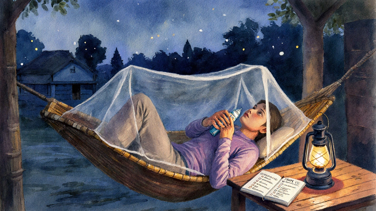 Traveler under a mosquito net in a rural hut at dusk, applying repellent.