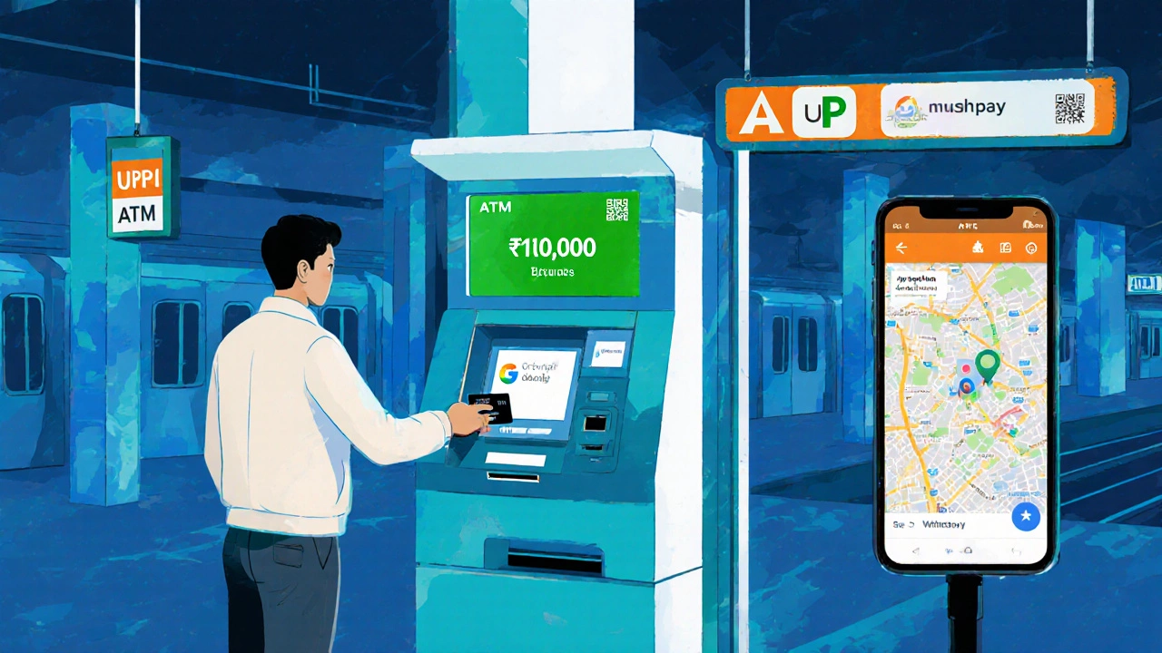 Traveler using a debit card at a Mumbai ATM with a UPI QR code on a phone.
