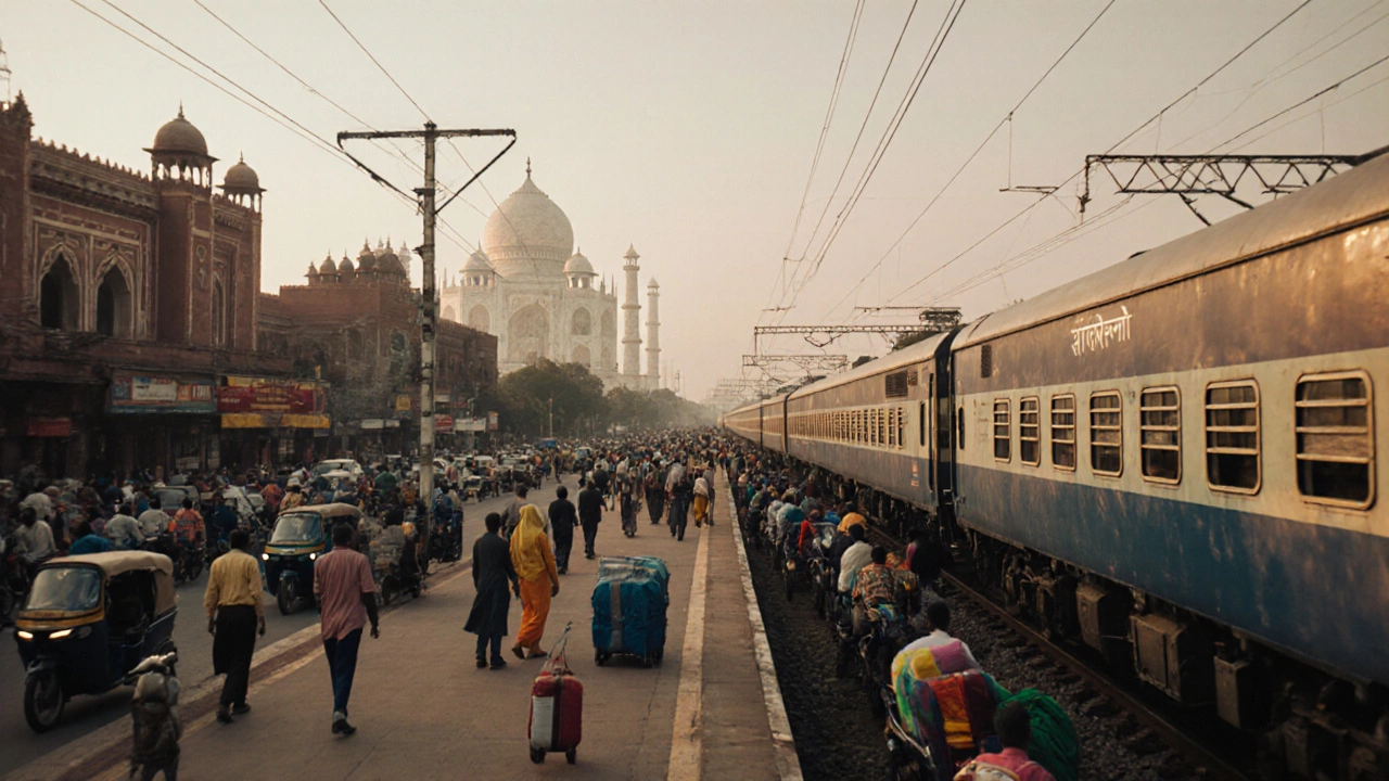 Travelers arriving by train in Agra with the Taj Mahal in the distance.