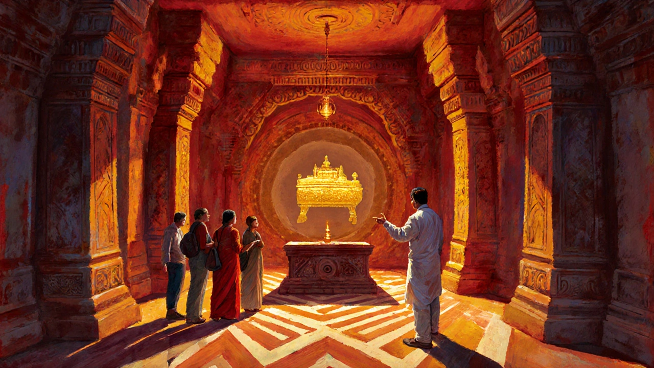Travelers in Konark Sun Temple's inner chamber with a glowing Ark silhouette above an altar.