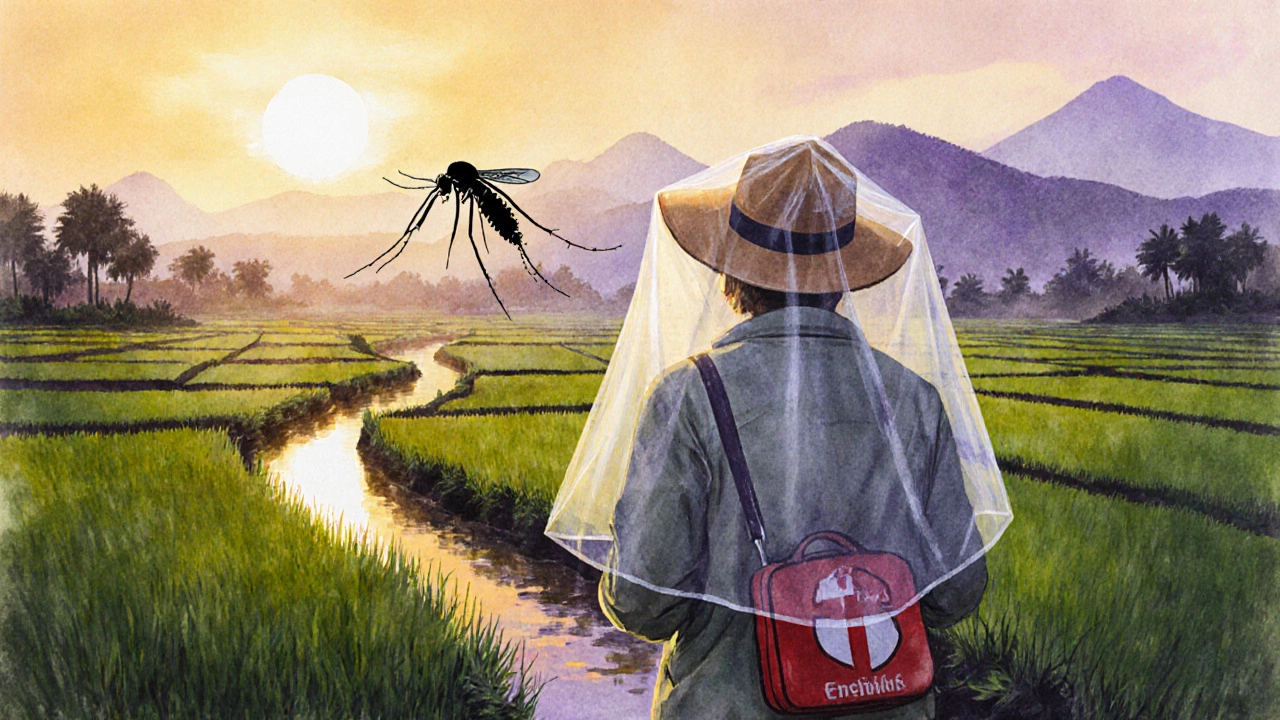Trekker walking through green rice fields at sunset with mosquito net and first‑aid kit.