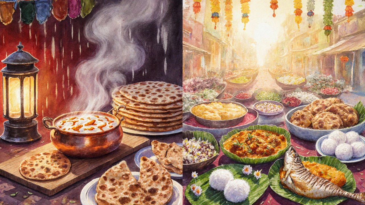 Two food scenes: north Indian naan and butter chicken beside south Indian dosas and sambar.