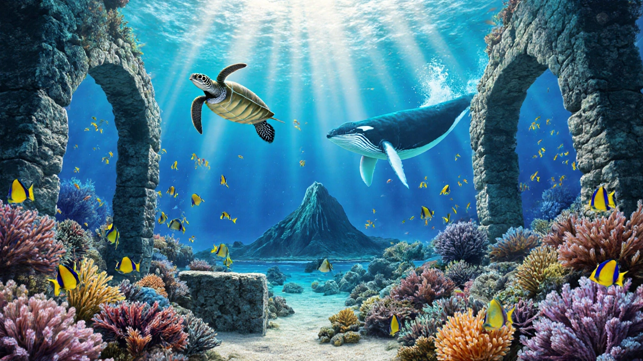 Underwater scene of coral, turtles, whale, and a volcanic seamount in Papahānaumokuākea.