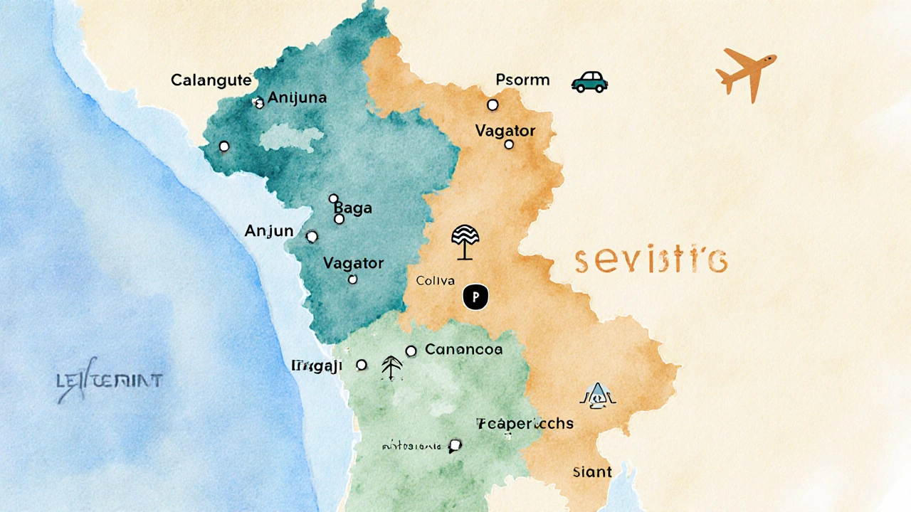 Watercolor map of Goa showing Uber coverage in north, south, and airport areas.
