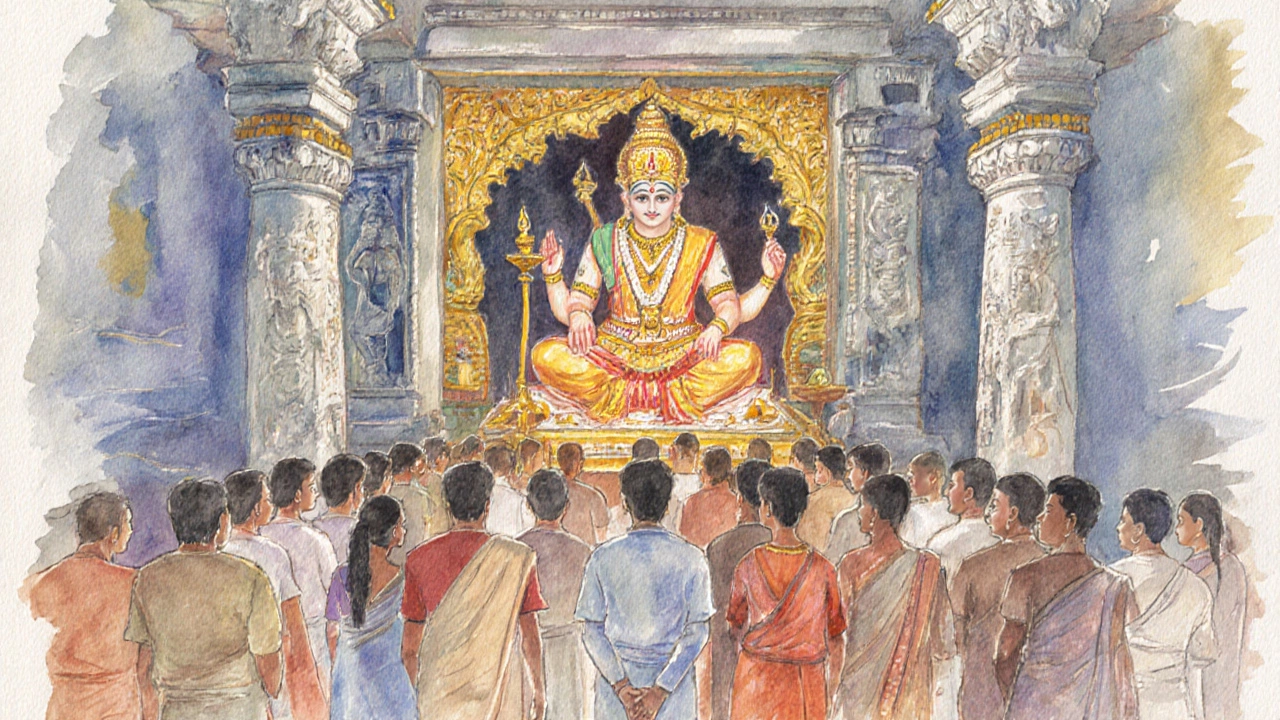 Watercolor of the golden idol inside Tirumala sanctum surrounded by devotees.