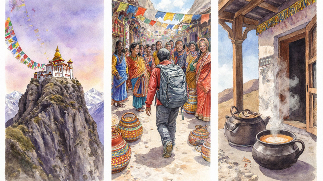 Watercolor panels showing a Ladakhi monastery, an Arunachal tribal market, and a Himachal tea house.